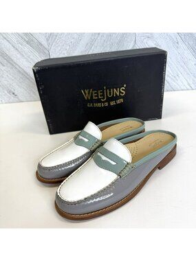 Weejuns Wynn Easy Patent Leather Mule Slide Shoes Blue/Gray White Womens 8 NEW